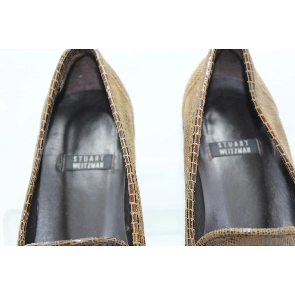 Stuart Weitzman Brown Lizard Embossed‎ Leather Tassel Loafers Block Heel 6.5B